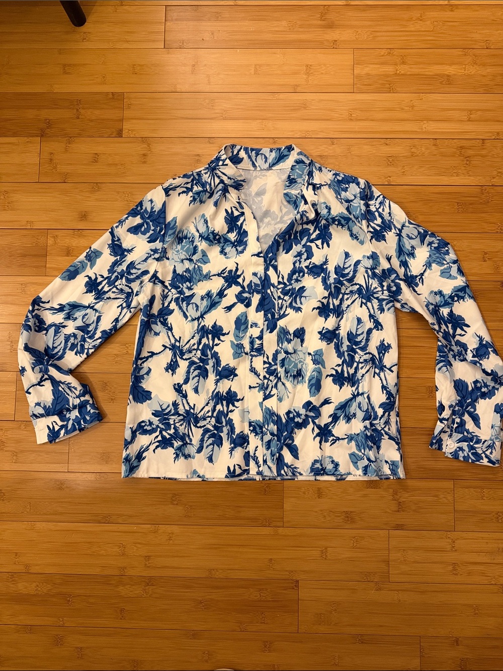 White Button-Up Blouse with Blue Floral Print